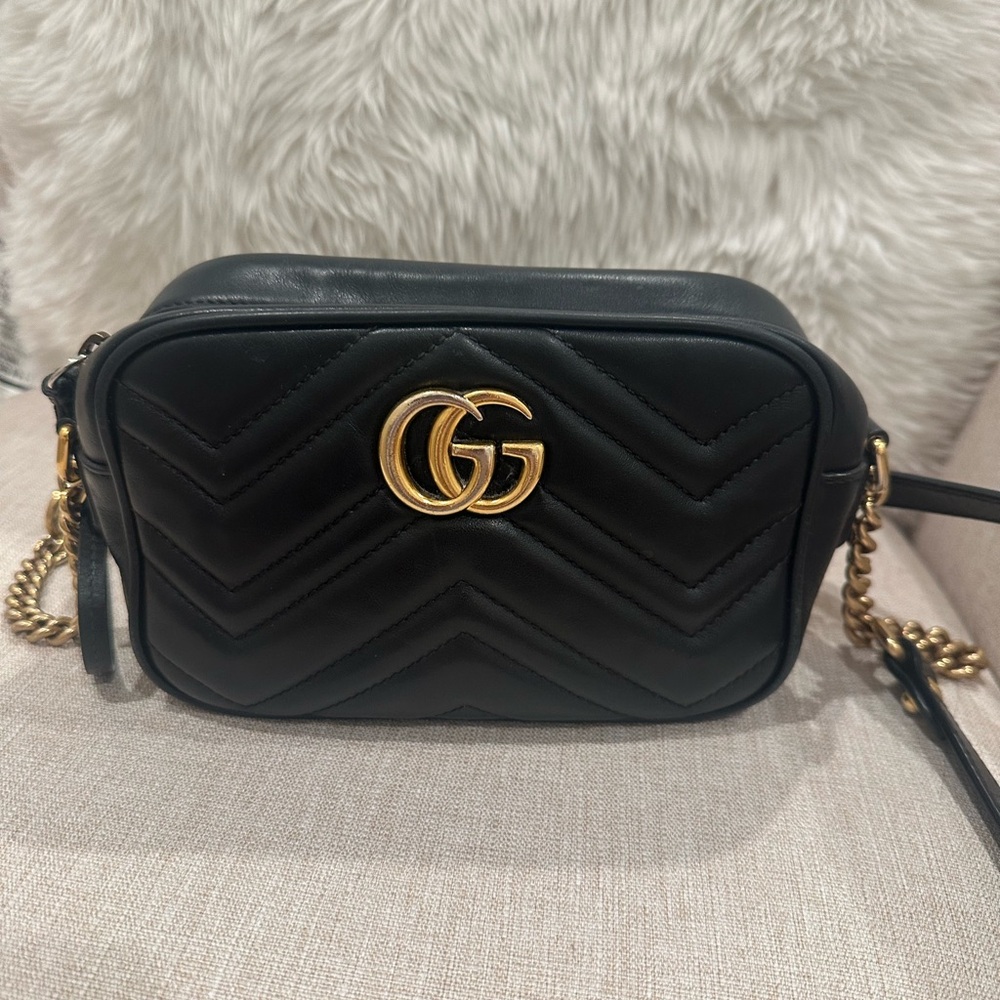 Gucci Black Chevron Crossbody Bag with Gold Accents